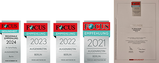 Drei Focus-Gesundheit-Empfehlungen für Augenärztin in Berlin von 2021 bis 2023, plus Urkunde.
