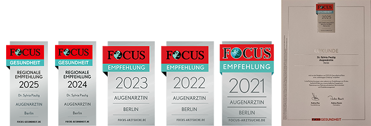 Mehrere Auszeichnungen für eine Augenärztin, darunter FOCUS-Empfehlungen.