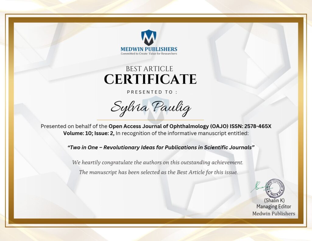 Eine Urkunde mit blauer und goldener Schrift ehrt Sybille Paulig für den besten Artikel