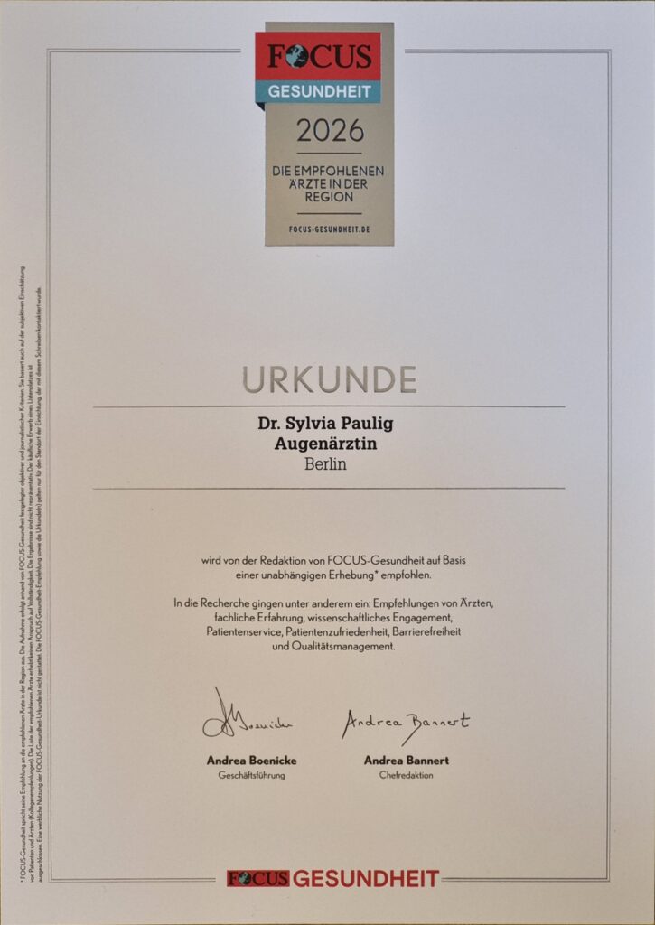 Urkunde für Dr Sylvia Paulig aus Berlin mit Fokus Gesundheit Logo und Unterschriften